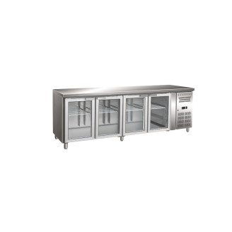 Gastro-Inox RVS GN koelwerkbank met 4 glasdeuren, geforceerd gekoeld