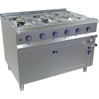 MKN 6-pits gasfornuis 36,4kW met elek. oven 5,4kW, 6 br. hoog vermogen