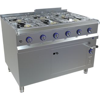 MKN 6-pits gasfornuis met gas oven 42,5kW, 6 branders hoog vermogen