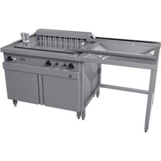 MKN elektrische bulk friteuse, kantelmotor links, uitleksysteem rechts