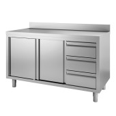 Gastro-inox werkbank met schuifdeuren en 3 laden 1600x700x880mm